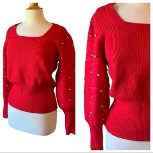 H Halston Red Rhinestone Puff Sleeve Square Neck Sweater